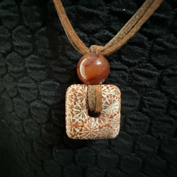 Coral Fossil Square Donut Pendant on Brown Two Tone Faux Leather Double Cord - Picture 11 of 11